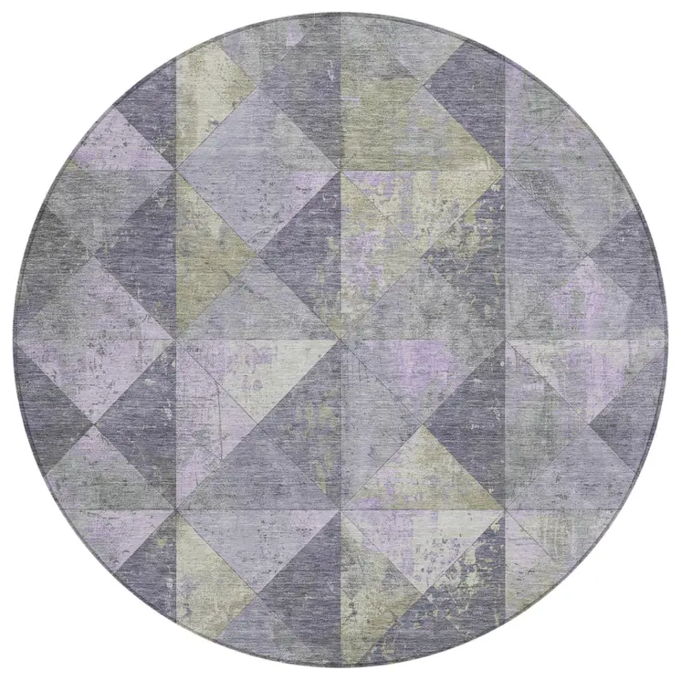 8' Lavender And Fern Green Round Geometric Washable Indoor Outdoor Area Rug