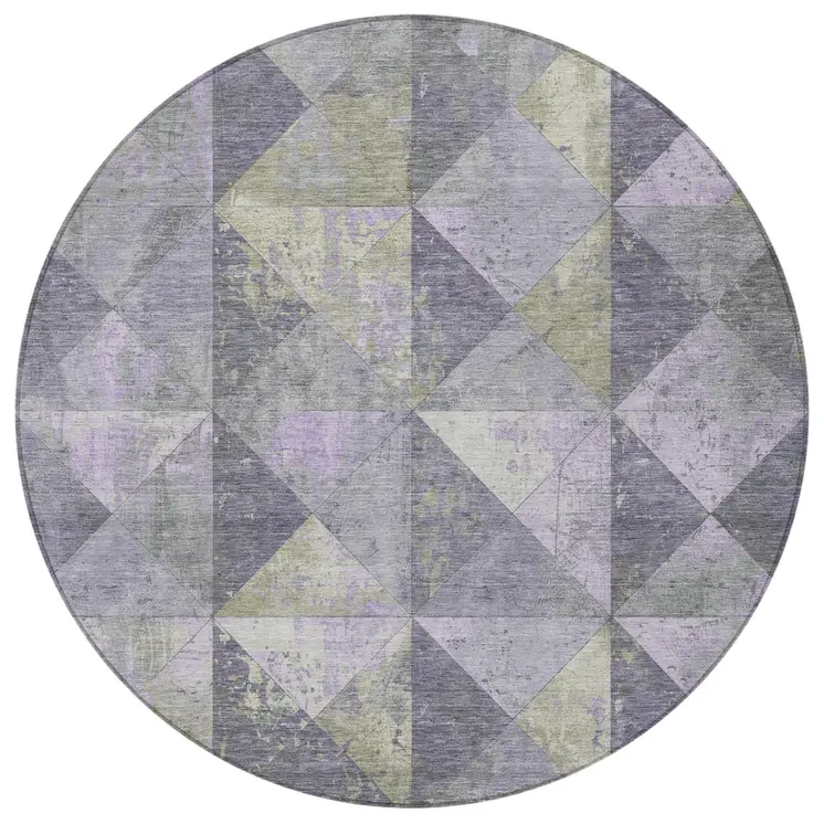 8' Lavender And Fern Green Round Geometric Washable Indoor Outdoor Area Rug