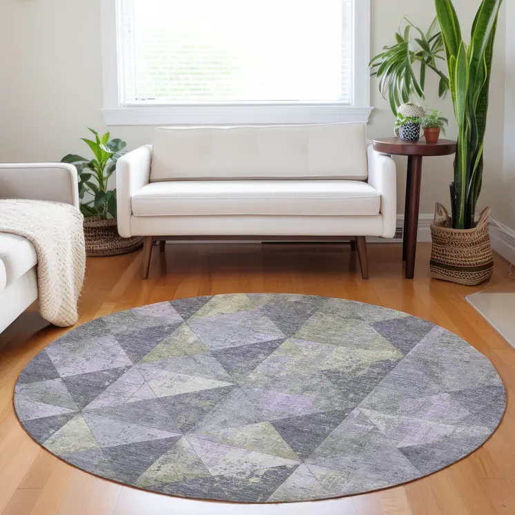 8' Lavender And Fern Green Round Geometric Washable Indoor Outdoor Area Rug