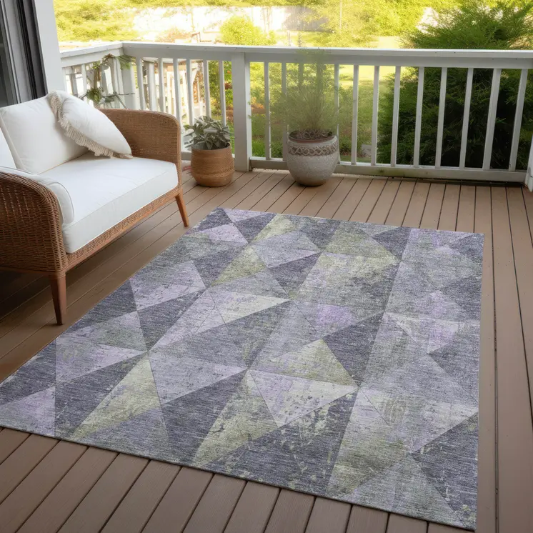 8' X 10' Lavender And Fern Green Geometric Washable Indoor Outdoor Area Rug