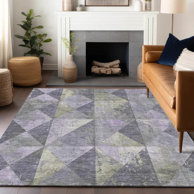 9' X 12' Lavender And Fern Green Geometric Washable Indoor Outdoor Area Rug