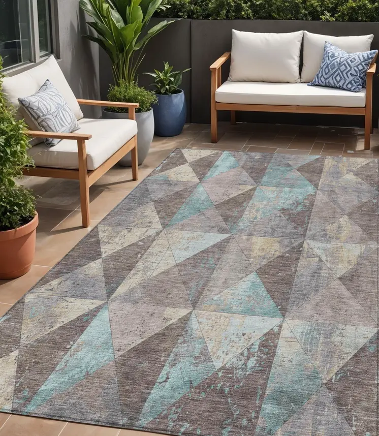 5' X 8' Brown And Teal Blue Geometric Washable Indoor Outdoor Area Rug