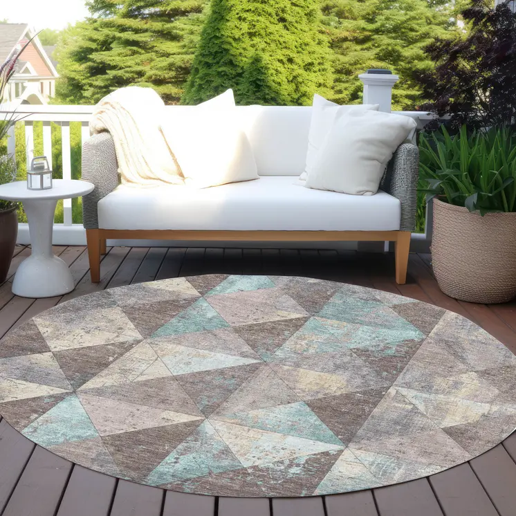 8' Brown And Teal Blue Round Geometric Washable Indoor Outdoor Area Rug