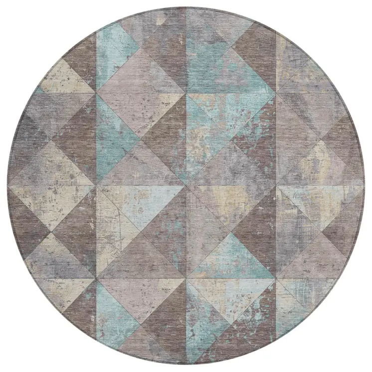 8' Brown And Teal Blue Round Geometric Washable Indoor Outdoor Area Rug