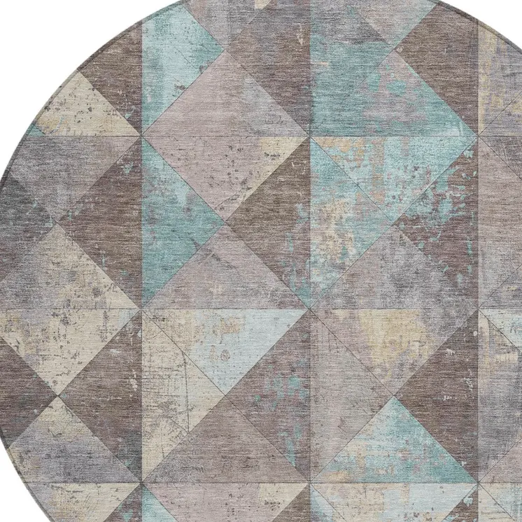 8' Brown And Teal Blue Round Geometric Washable Indoor Outdoor Area Rug