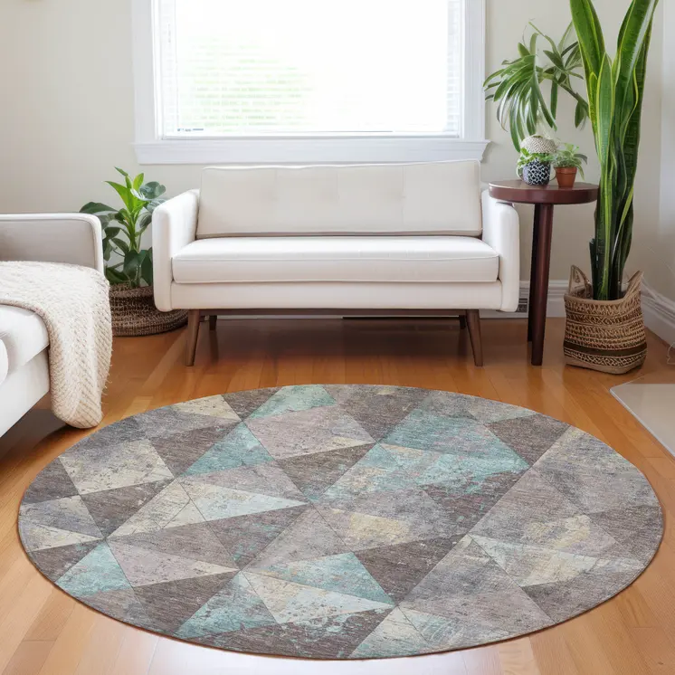 8' Brown And Teal Blue Round Geometric Washable Indoor Outdoor Area Rug
