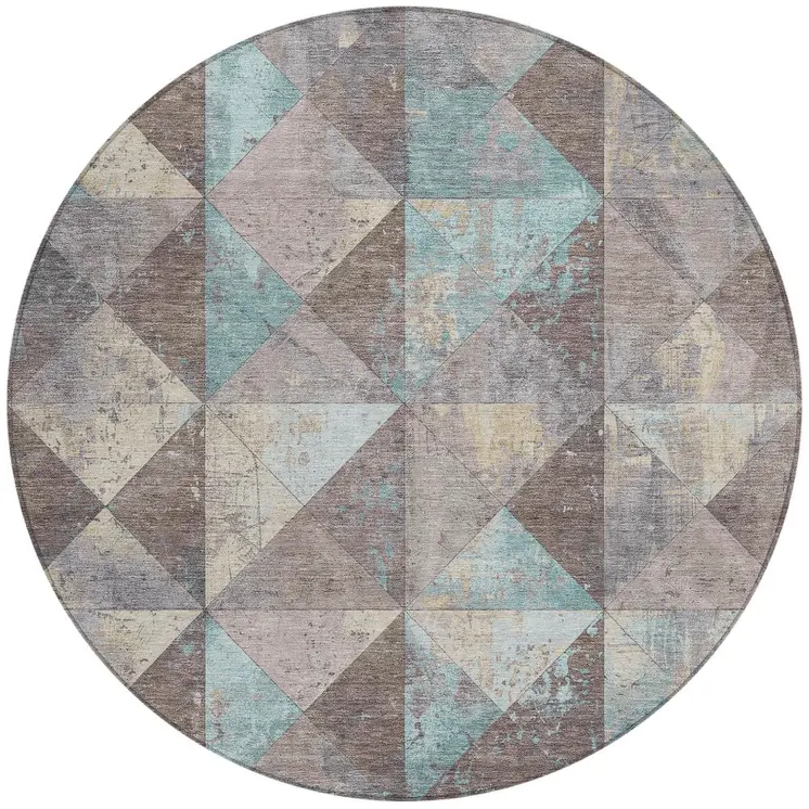8' Brown And Teal Blue Round Geometric Washable Indoor Outdoor Area Rug