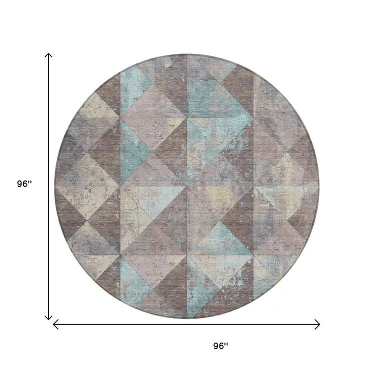 8' Brown And Teal Blue Round Geometric Washable Indoor Outdoor Area Rug