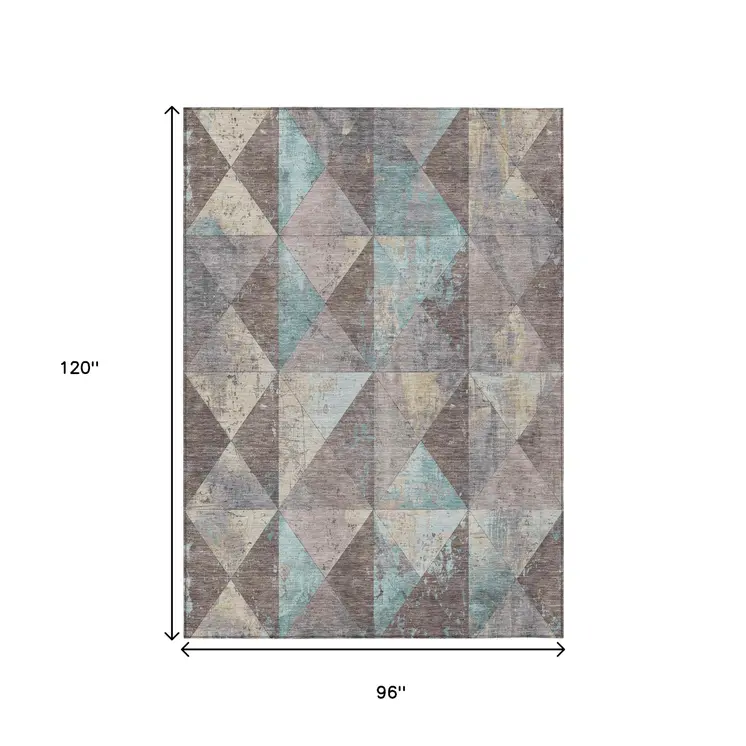 8' X 10' Brown And Teal Blue Geometric Washable Indoor Outdoor Area Rug