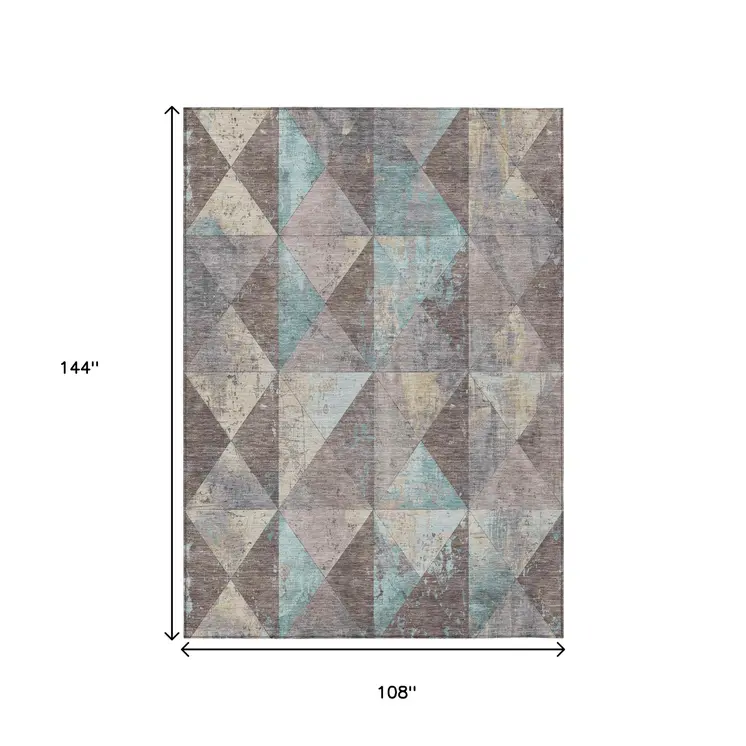 9' X 12' Brown And Teal Blue Geometric Washable Indoor Outdoor Area Rug