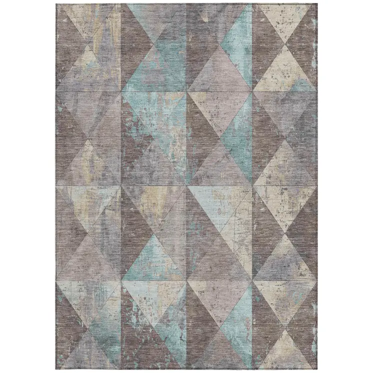 10' X 14' Brown And Teal Blue Geometric Washable Indoor Outdoor Area Rug