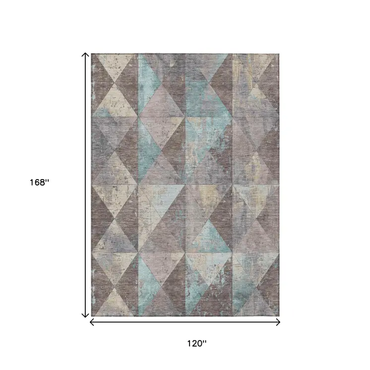 10' X 14' Brown And Teal Blue Geometric Washable Indoor Outdoor Area Rug
