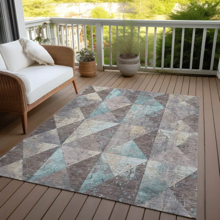 10' X 14' Brown And Teal Blue Geometric Washable Indoor Outdoor Area Rug