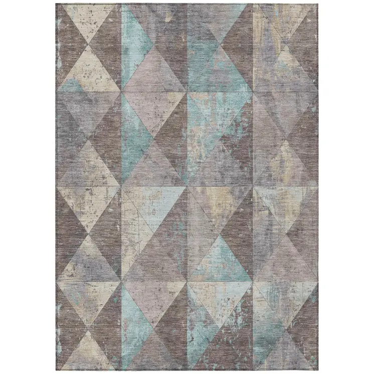 10' X 14' Brown And Teal Blue Geometric Washable Indoor Outdoor Area Rug