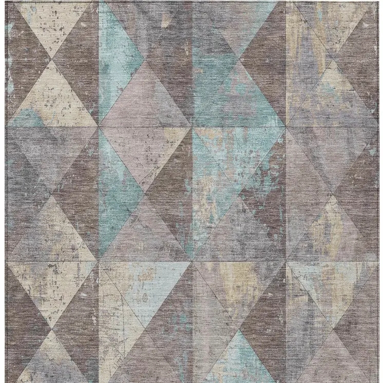 10' X 14' Brown And Teal Blue Geometric Washable Indoor Outdoor Area Rug