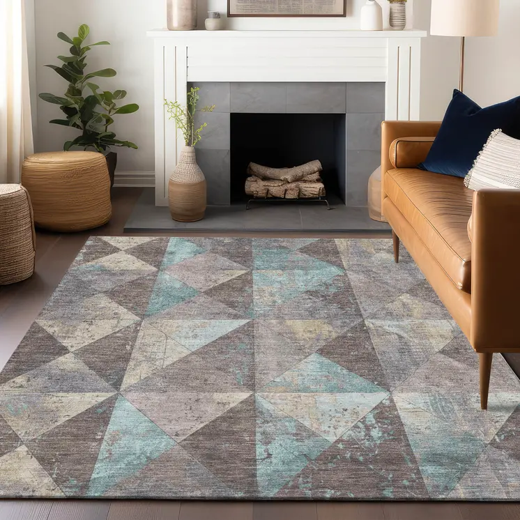 10' X 14' Brown And Teal Blue Geometric Washable Indoor Outdoor Area Rug