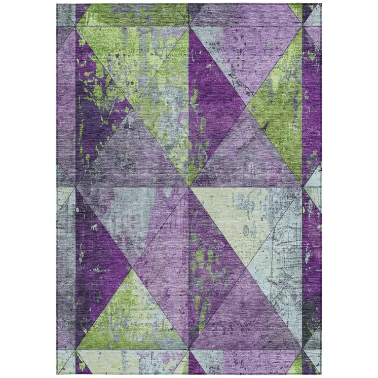 3' X 5' Purple And Lime Green Geometric Washable Indoor Outdoor Area Rug