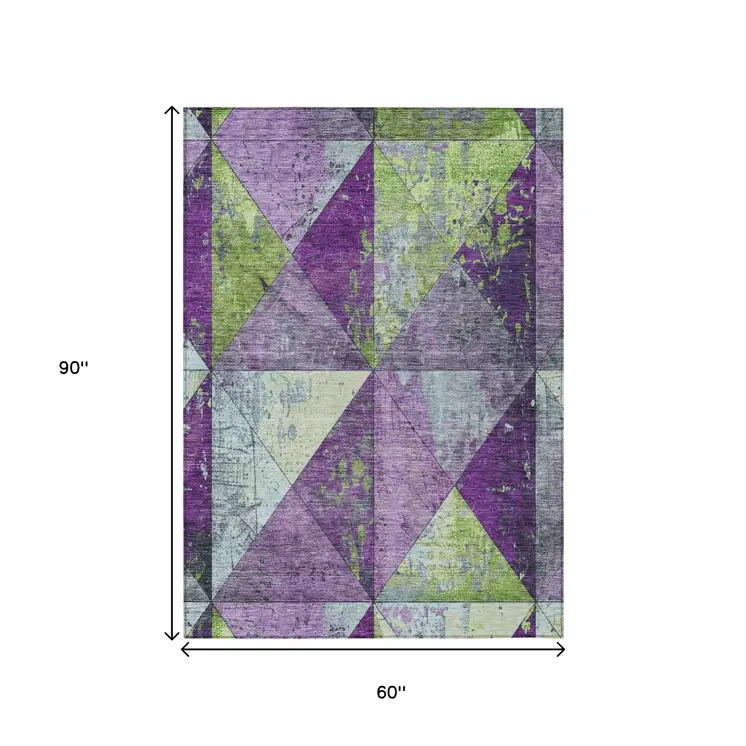 5' X 8' Purple And Lime Green Geometric Washable Indoor Outdoor Area Rug