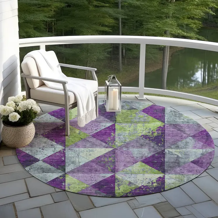 8' Purple And Lime Green Round Geometric Washable Indoor Outdoor Area Rug