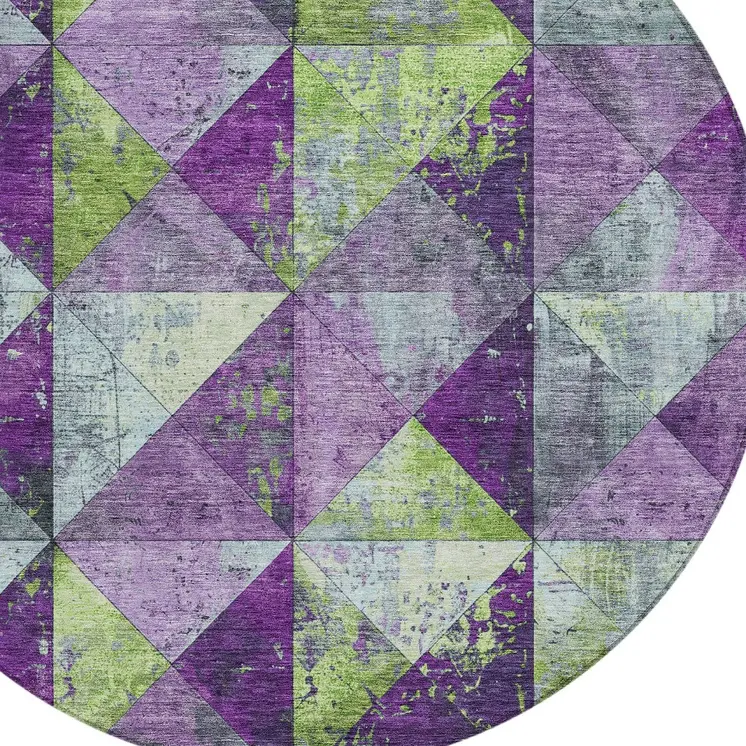 8' Purple And Lime Green Round Geometric Washable Indoor Outdoor Area Rug