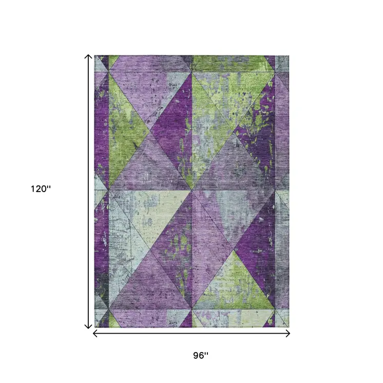 8' X 10' Purple And Lime Green Geometric Washable Indoor Outdoor Area Rug