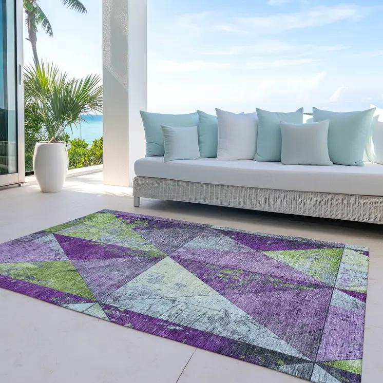 8' X 10' Purple And Lime Green Geometric Washable Indoor Outdoor Area Rug