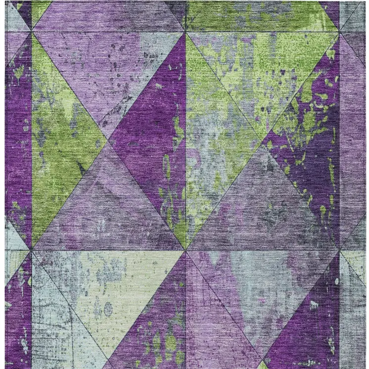 10' X 14' Purple And Lime Green Geometric Washable Indoor Outdoor Area Rug