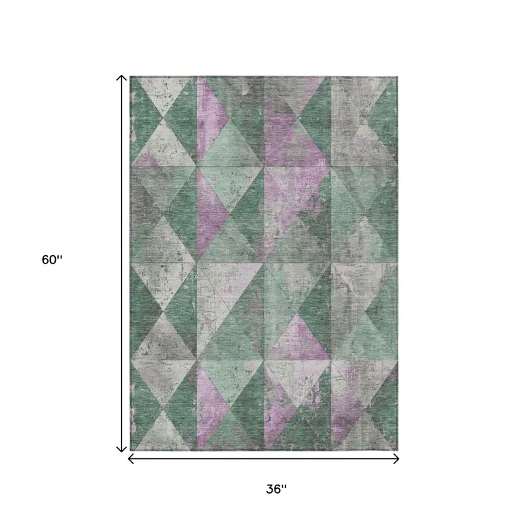3' X 5' Sage And Purple Geometric Washable Indoor Outdoor Area Rug