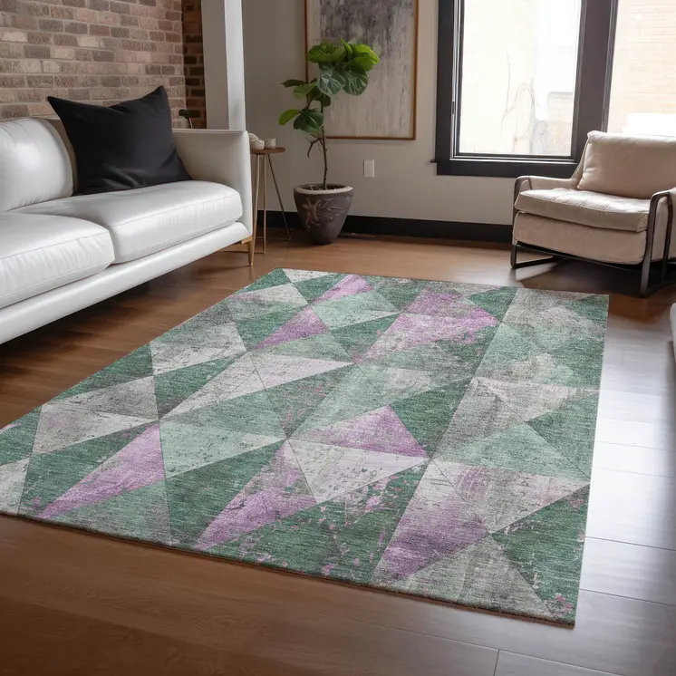 3' X 5' Sage And Purple Geometric Washable Indoor Outdoor Area Rug
