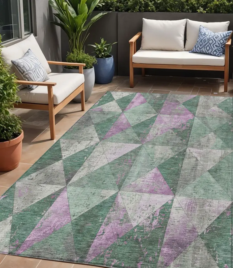 5' X 8' Sage And Purple Geometric Washable Indoor Outdoor Area Rug