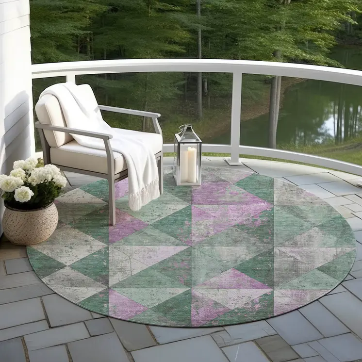 8' Sage And Purple Round Geometric Washable Indoor Outdoor Area Rug