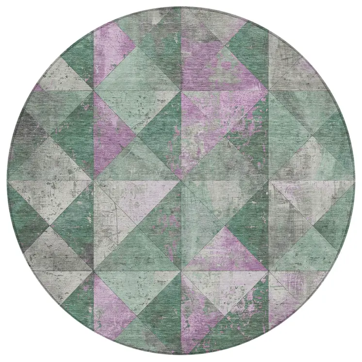 8' Sage And Purple Round Geometric Washable Indoor Outdoor Area Rug