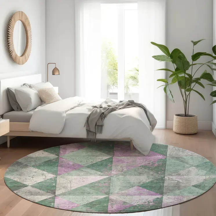 8' Sage And Purple Round Geometric Washable Indoor Outdoor Area Rug