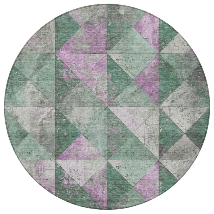 8' Sage And Purple Round Geometric Washable Indoor Outdoor Area Rug