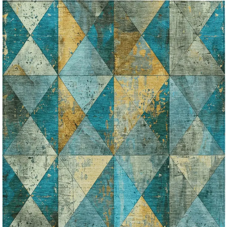 5' X 8' Teal Blue And Gold Geometric Washable Indoor Outdoor Area Rug