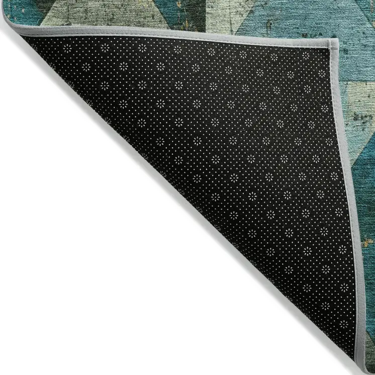 5' X 8' Teal Blue And Gold Geometric Washable Indoor Outdoor Area Rug