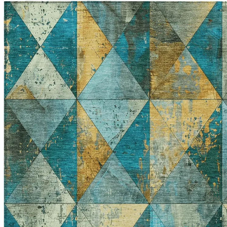 5' X 8' Teal Blue And Gold Geometric Washable Indoor Outdoor Area Rug