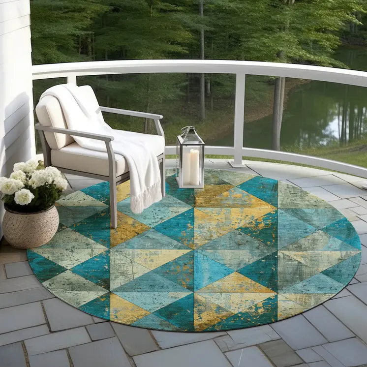 8' Teal Blue And Gold Round Geometric Washable Indoor Outdoor Area Rug