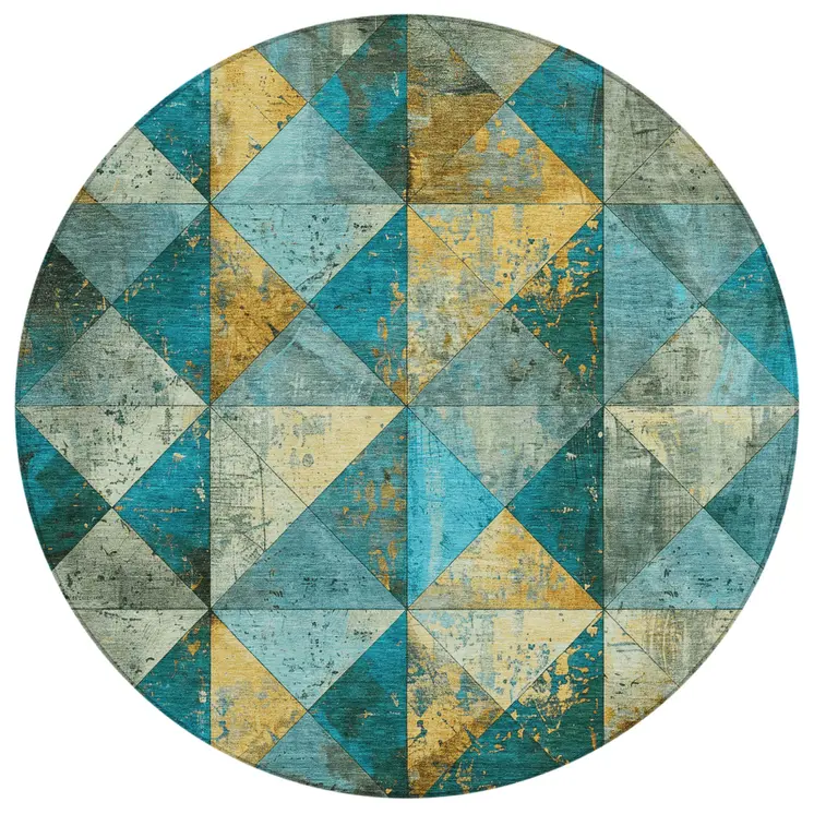 8' Teal Blue And Gold Round Geometric Washable Indoor Outdoor Area Rug