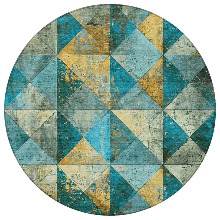 8' Teal Blue And Gold Round Geometric Washable Indoor Outdoor Area Rug