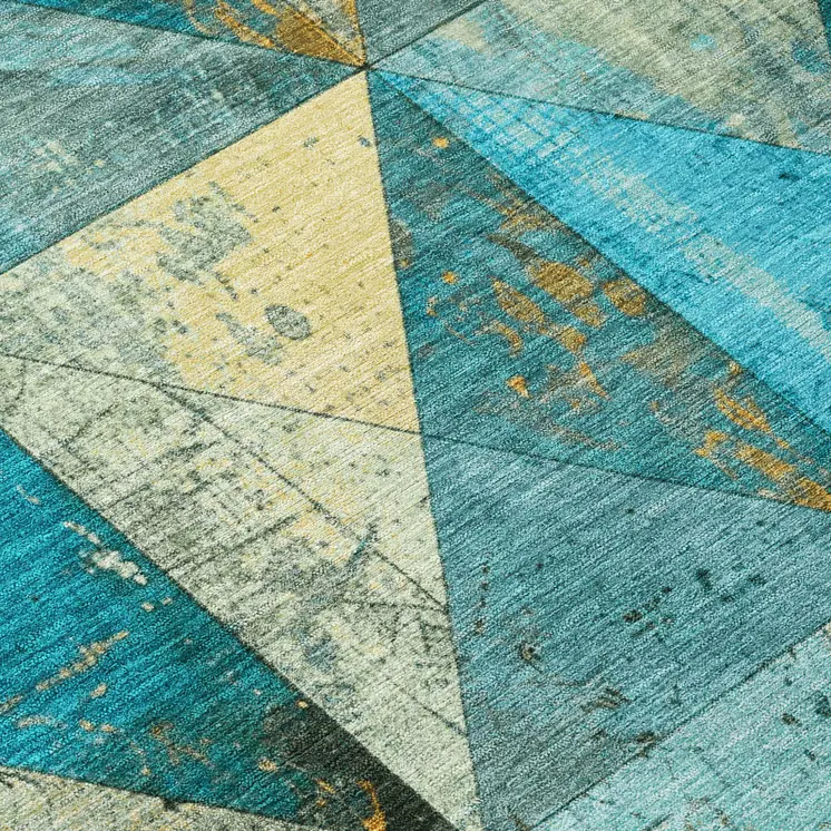 8' Teal Blue And Gold Round Geometric Washable Indoor Outdoor Area Rug
