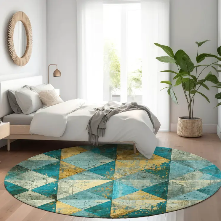 8' Teal Blue And Gold Round Geometric Washable Indoor Outdoor Area Rug