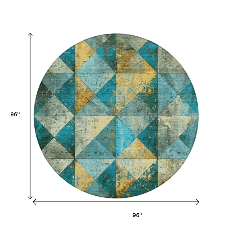 8' Teal Blue And Gold Round Geometric Washable Indoor Outdoor Area Rug