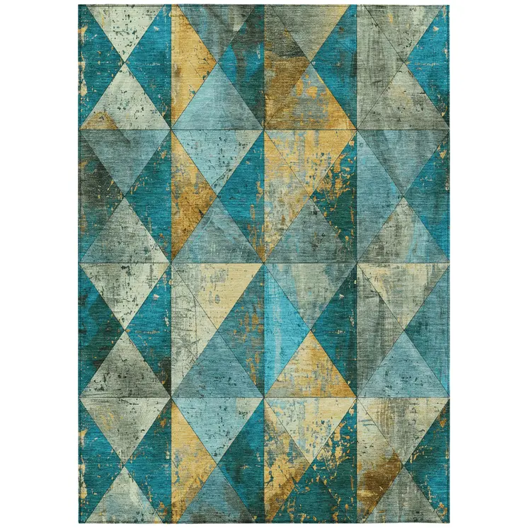 8' X 10' Teal Blue And Gold Geometric Washable Indoor Outdoor Area Rug