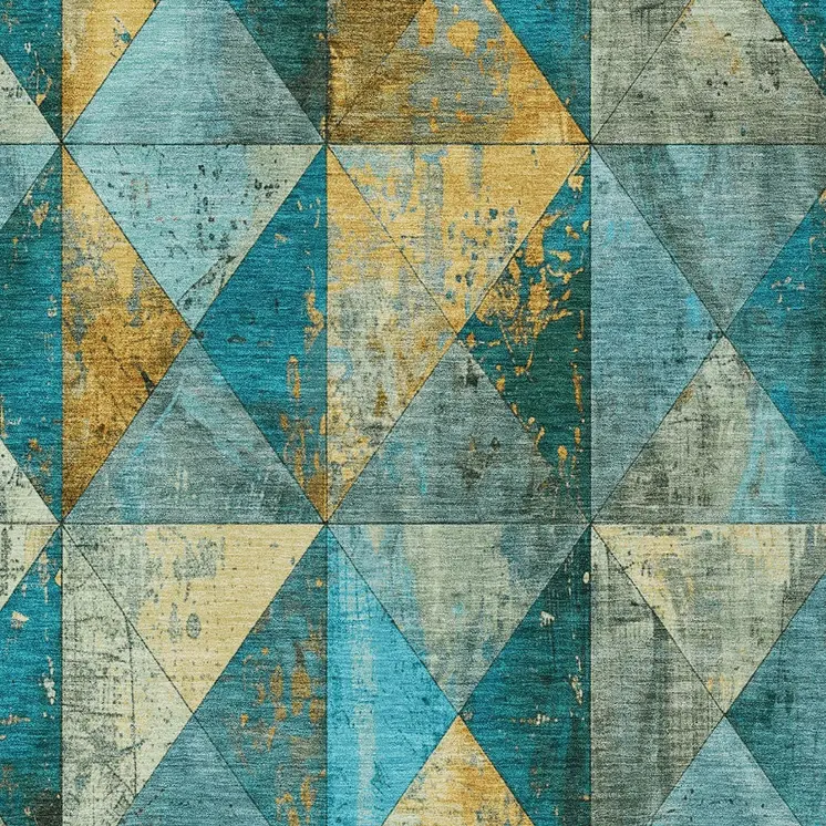 8' X 10' Teal Blue And Gold Geometric Washable Indoor Outdoor Area Rug