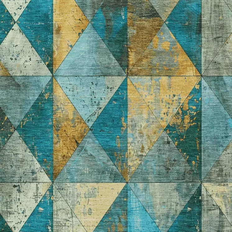 9' X 12' Teal Blue And Gold Geometric Washable Indoor Outdoor Area Rug