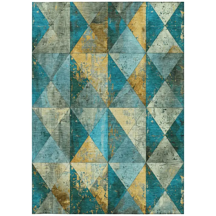 10' X 14' Teal Blue And Gold Geometric Washable Indoor Outdoor Area Rug