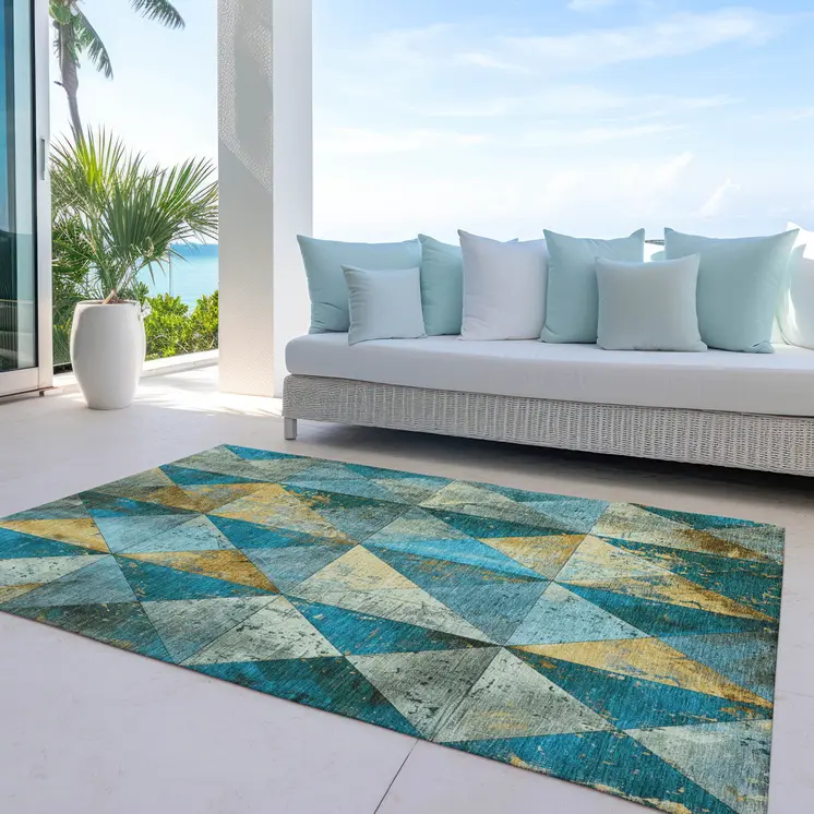 10' X 14' Teal Blue And Gold Geometric Washable Indoor Outdoor Area Rug