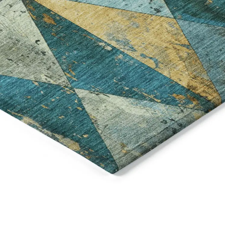 10' X 14' Teal Blue And Gold Geometric Washable Indoor Outdoor Area Rug