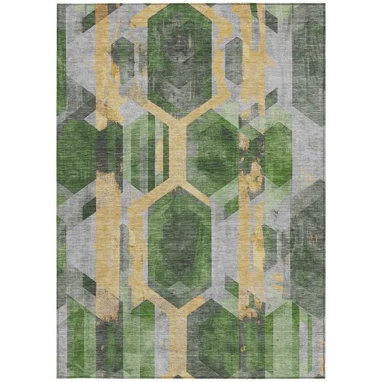 3' X 5' Green Gold And Silver Geometric Washable Indoor Outdoor Area Rug